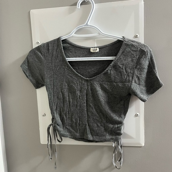 Garage Gray Fitted Crop T-Shirt with Tie Front and Short Sleeves - Picture 1 of 2